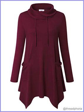 Womens Cowl Neck Asymmetrical Hem Tunic Sweater Long Sleeve Pullover for